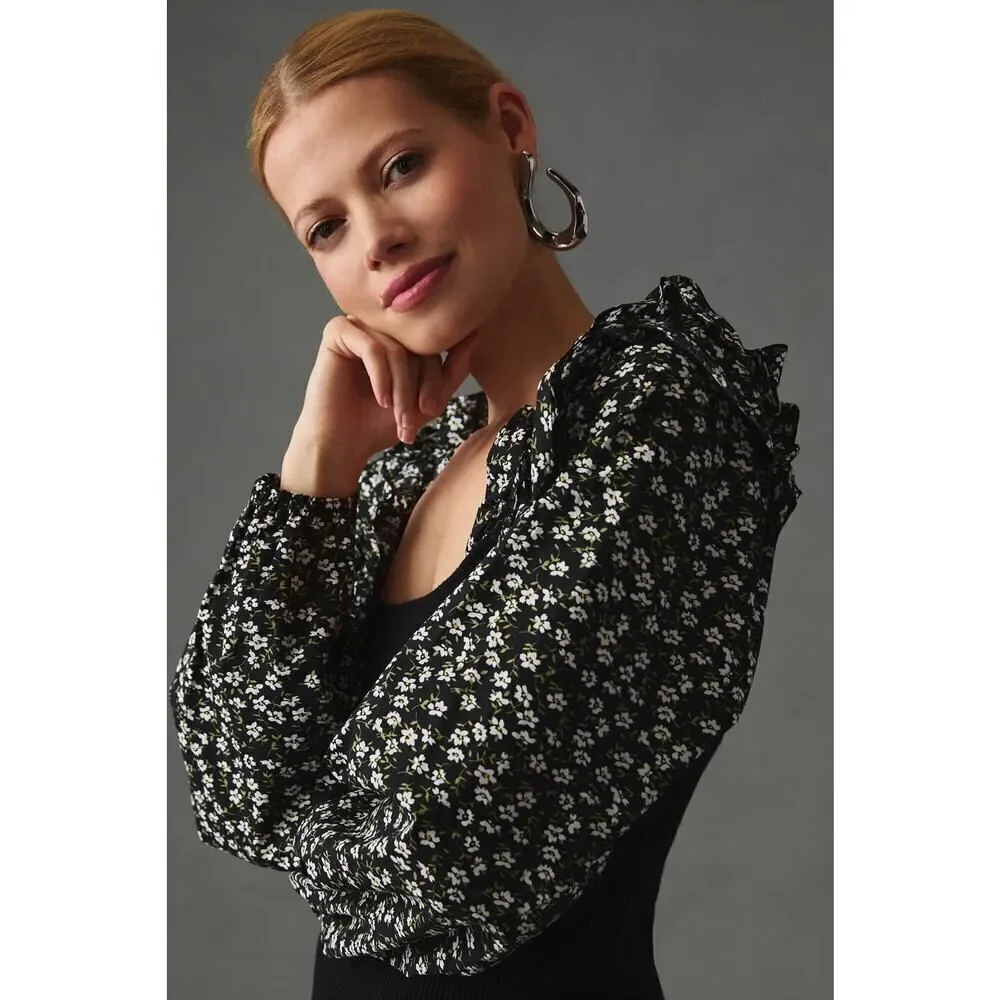 NWT By Anthropologie Woven Ruffle-Sleeve Sweater XS Black Floral Puff Sleeve
